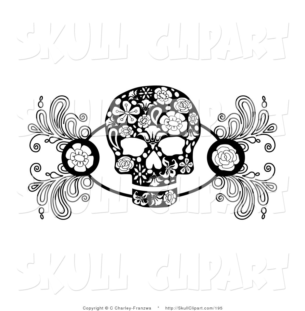 Vector Clip Art Of A Black And White Skull Design Element With Roses    
