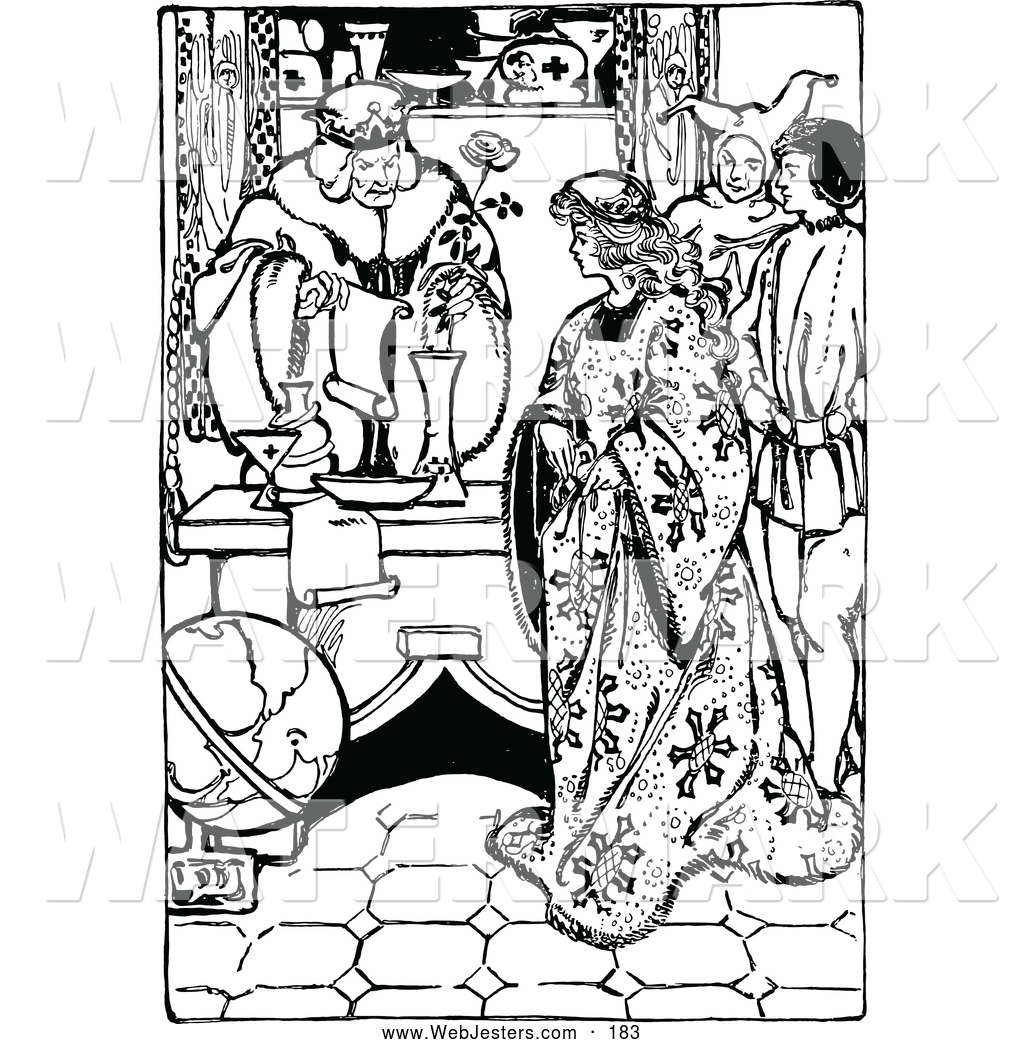     Vintage Black And White Drawing Of A Medieval King Queen And Jester