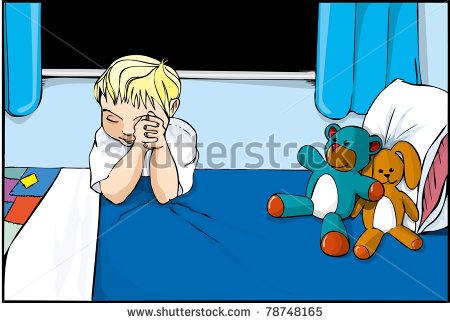 Cartoon Boy Saying Prayers On His Bed With Stuffed Toys Around   Stock    