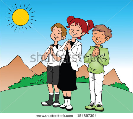 Illustration Of Cute Boys And Girl Praying Before Sun    Stock Vector