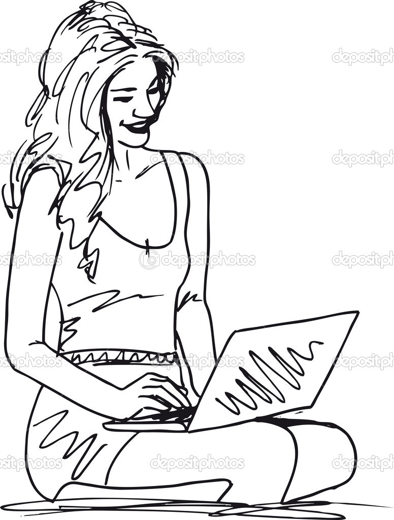 Sketch Of Young Woman With Laptop  Vector Illustration   Stock