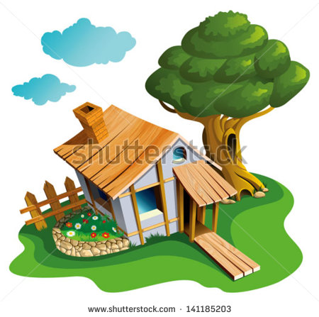 Small Village House With Flower Bed And Big Tree Vector Illustration