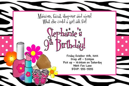 Spa Sleepover Birthday Party Invitation Custom Designed   Zebra Spa