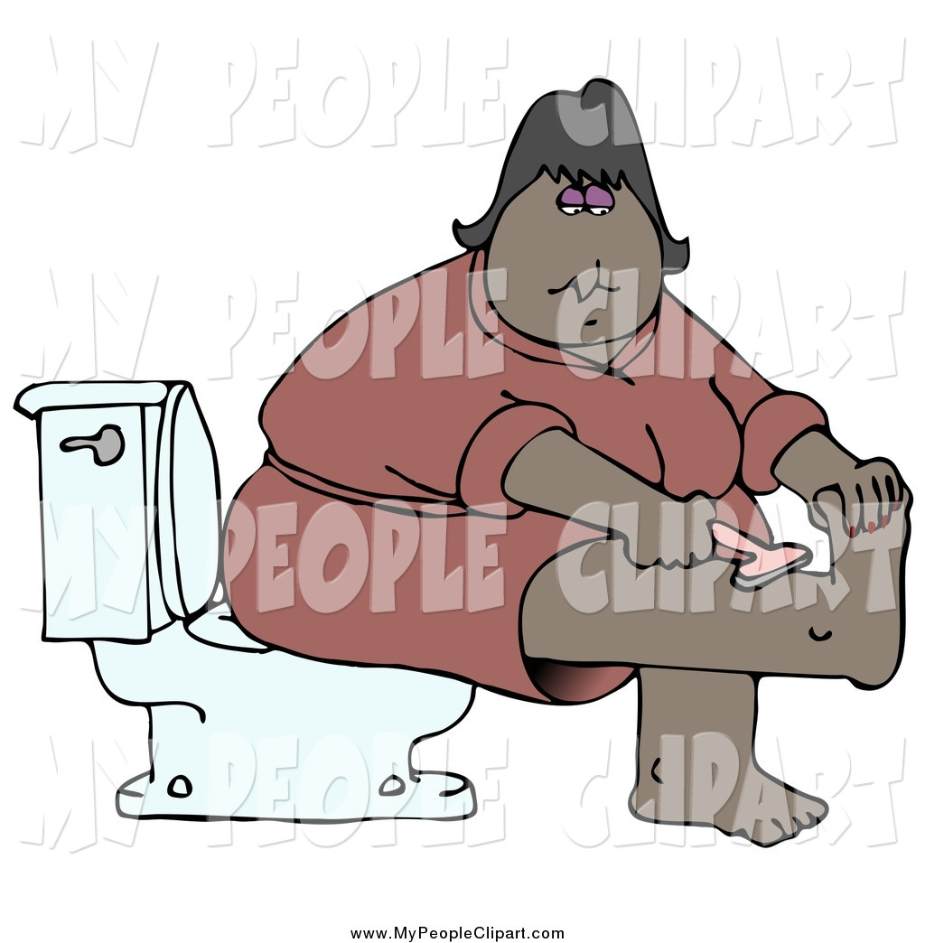 Chubby African American Woman In A Pink Robe Sitting On A Toilet In A