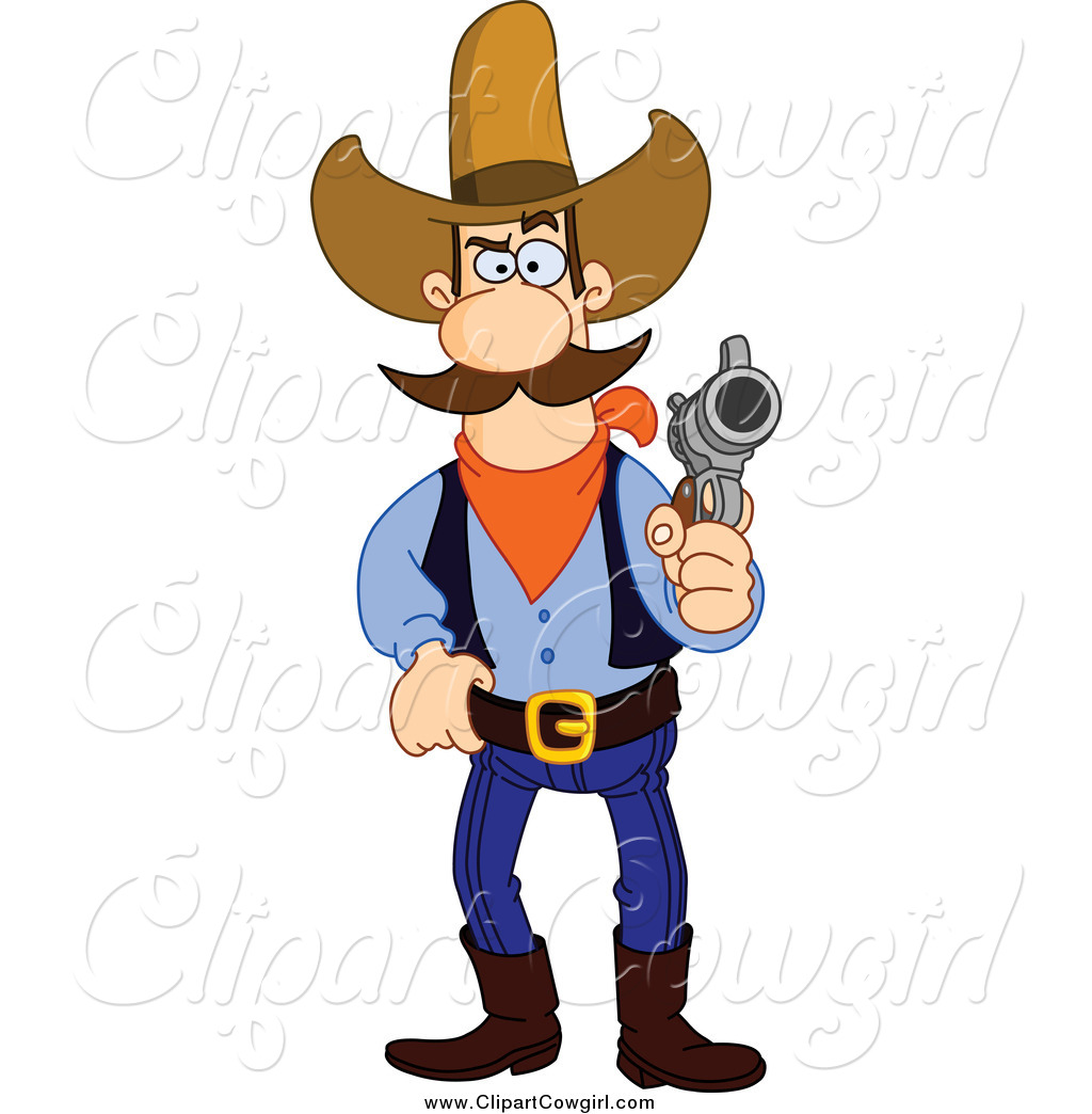 Clipart Of A Stern Western Cowboy Touching His Belt And Holding A Gun    