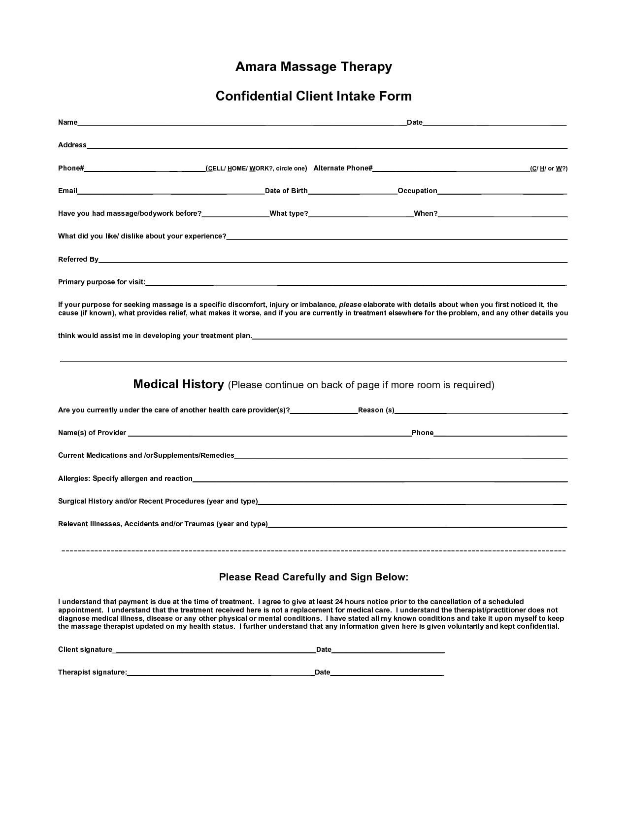Massage Therapy Intake Form Template