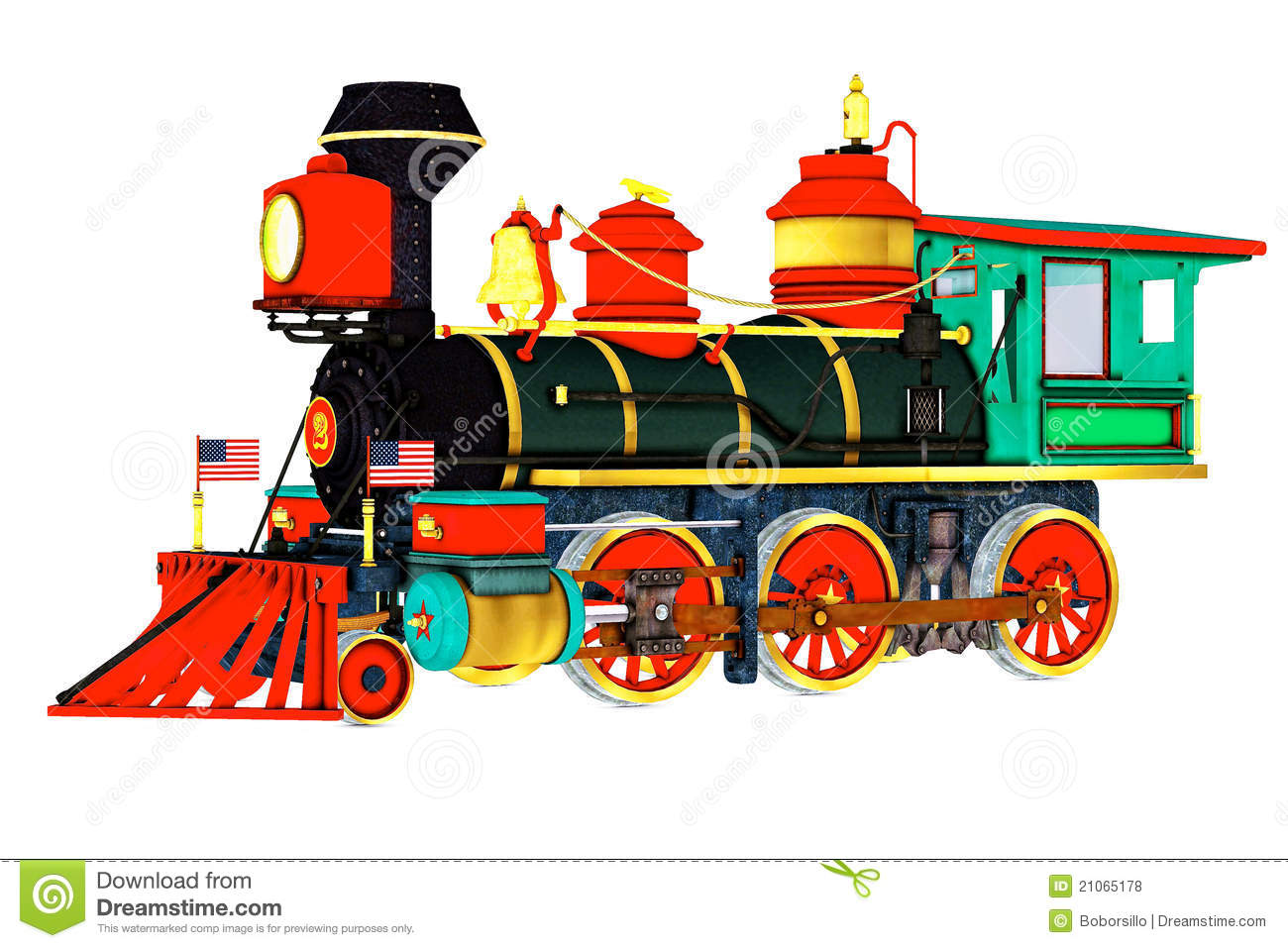 Old Time Steam Engine Train  Side View American Flags On Front