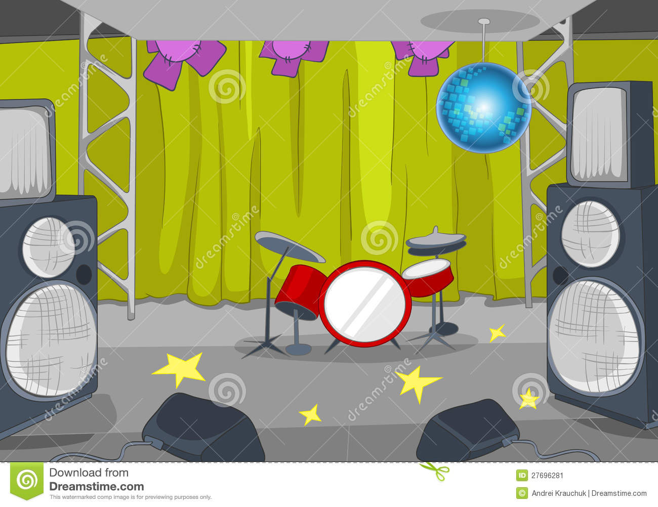 Rock Roll Stage With Musical And Light Equipment  Vector Cartoon    