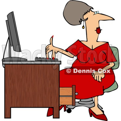 Woman Wearing A Red Dress While Working At A Computer Desk Clipart