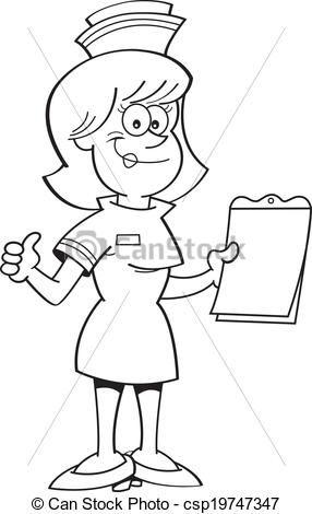 Black And White Illustration Of A Nurse Holding A Clipboard And Giving