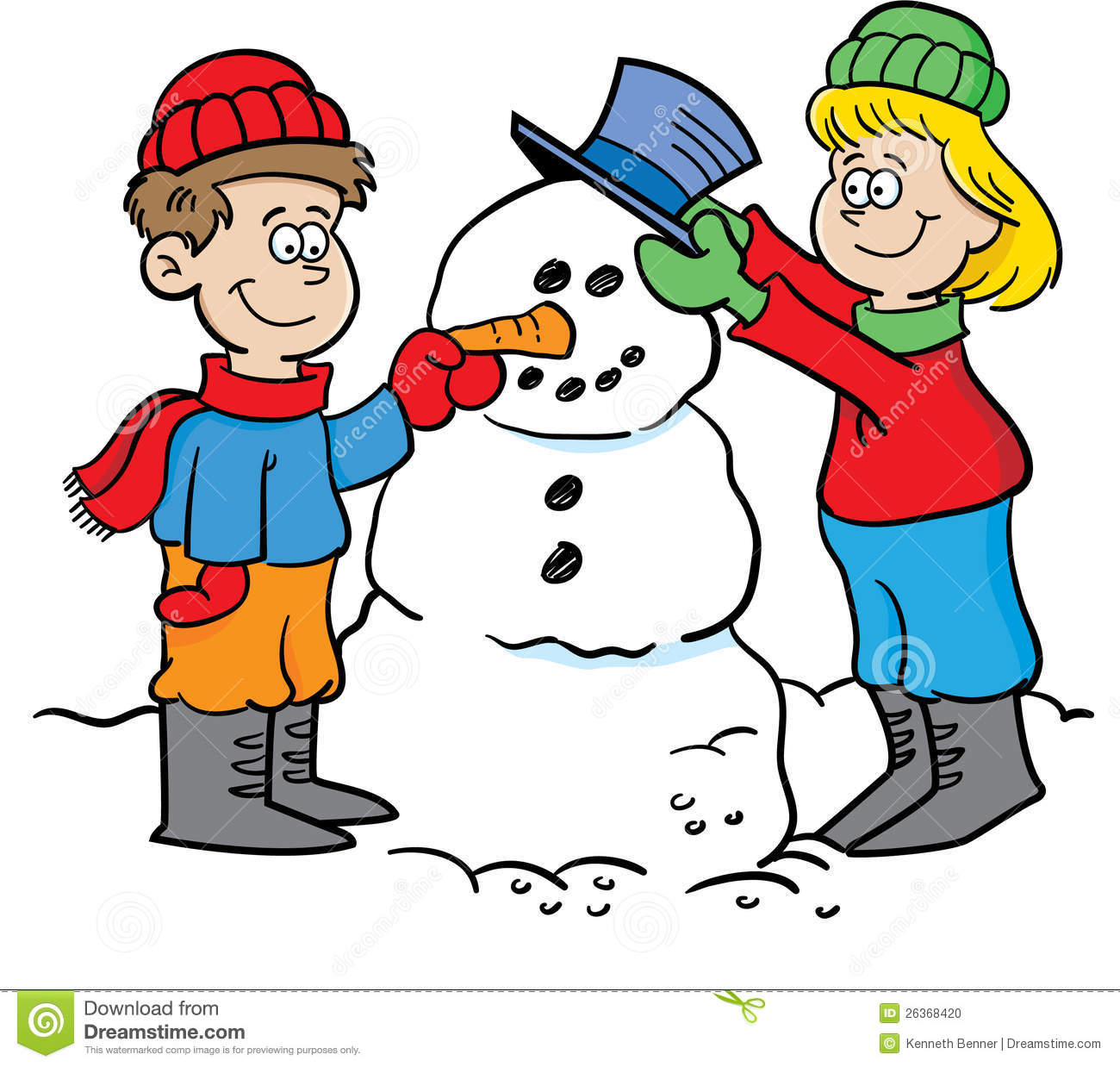 Cartoon Illustration Of Two Children Building A Snowman
