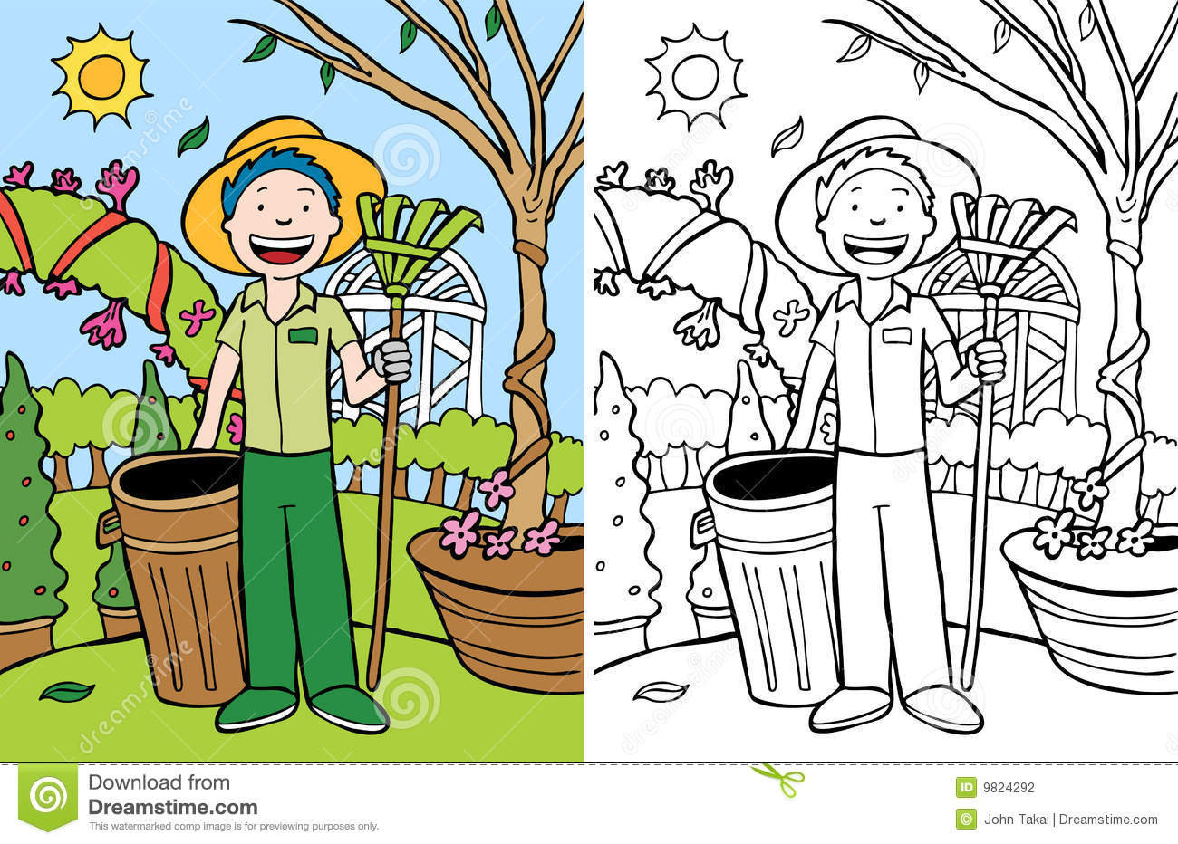 Cartoon Image Of Man Doing Yard Work   Color And Black White Versions