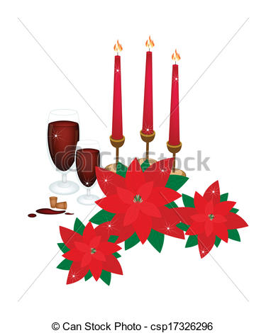 Eps Vectors Of Christmas Candles With Red Poinsettia Flowers And Wine    