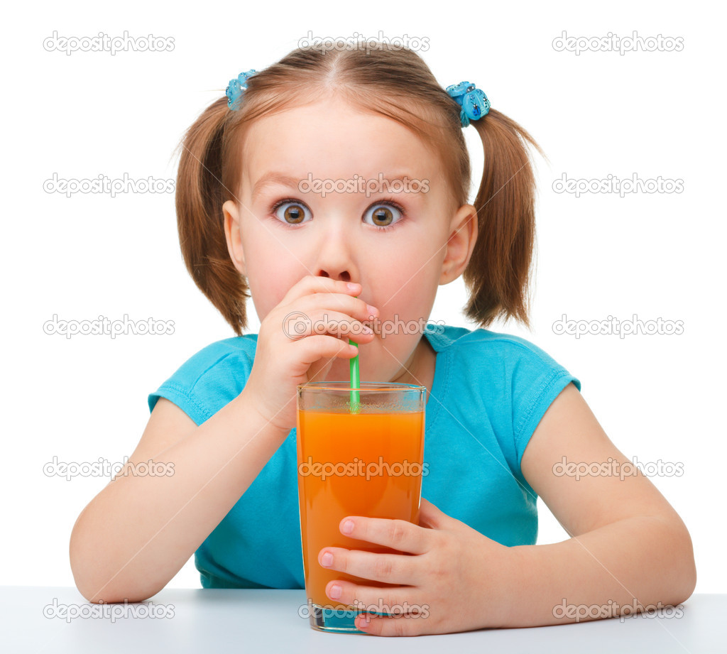 Little Girl Drinks Orange Juice   Stock Photo   Kobyakov  5319230