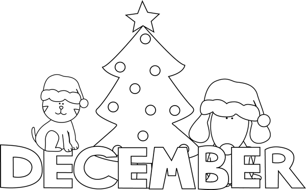 Month Of December Christmas Pets Clip Art   Black And White Month