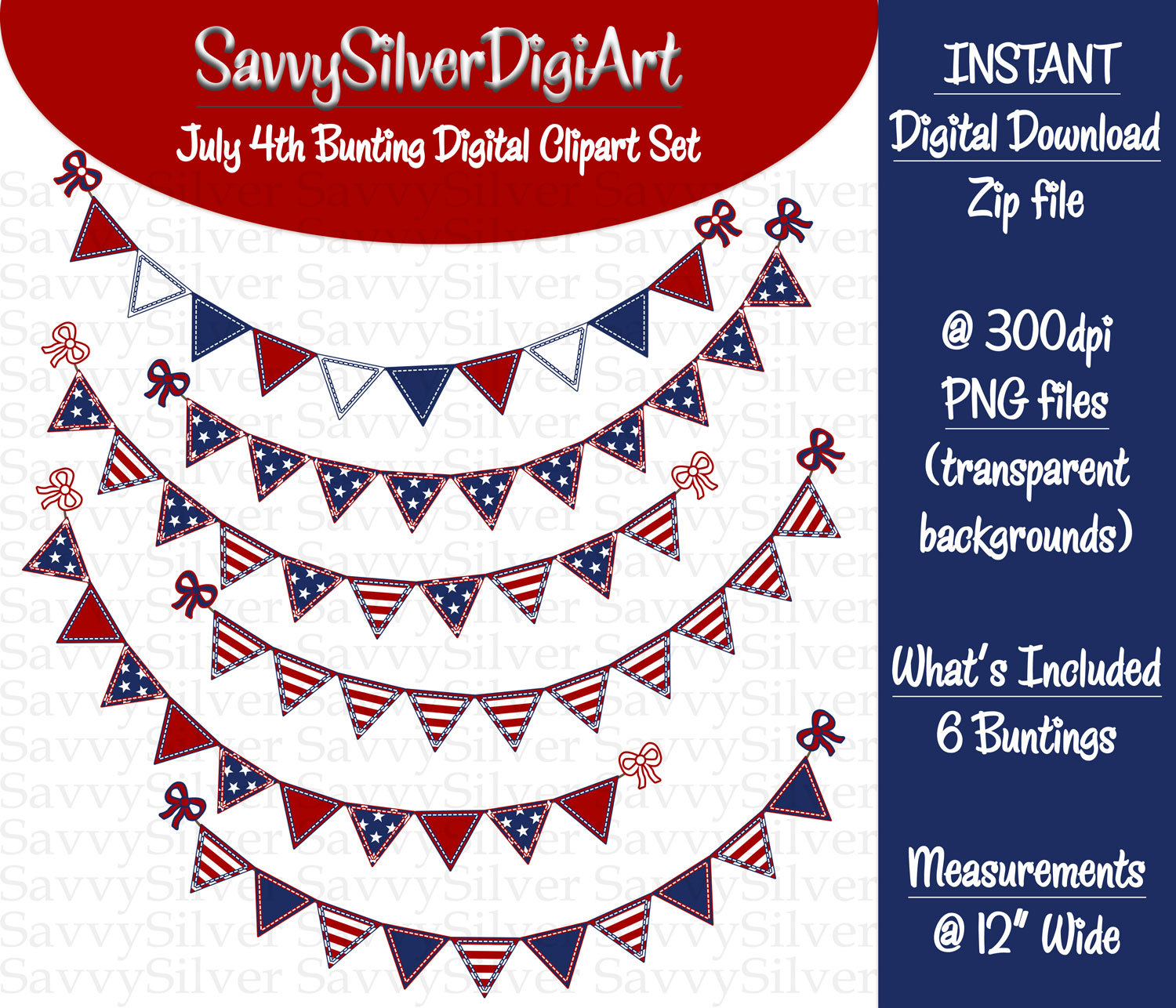 Patriotic July 4th Bunting Clipart   Instant Download Red White Blue    