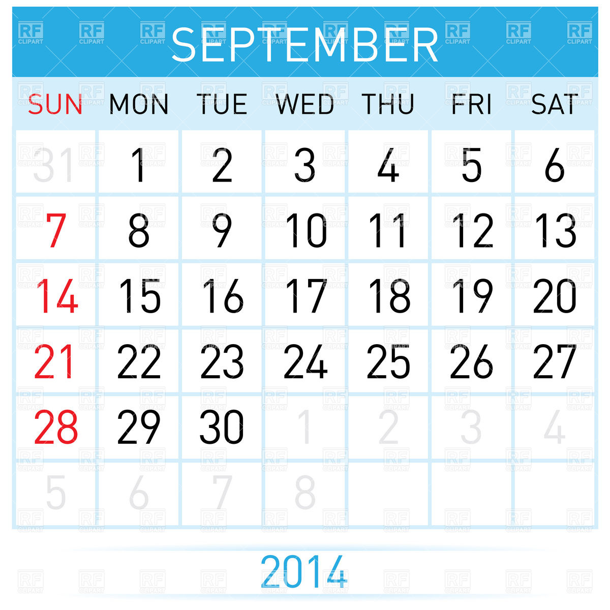 September 2014 Month Calendar 7006 Download Royalty Free Vector