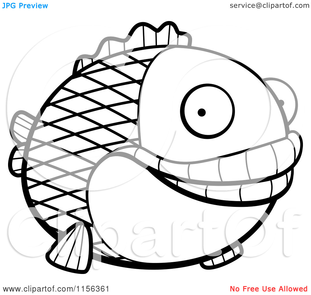 Cartoon Clipart Of A Black And White Happy Fat Fish   Vector Outlined    