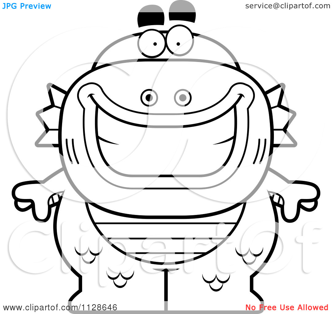 Cartoon Clipart Of An Outlined Happy Fish Man Monster   Black And    