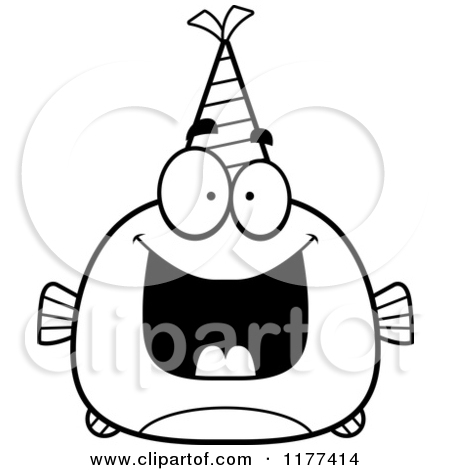 Cartoon Of A Black And White Happy Birthday Fish Wearing A Party Hat    