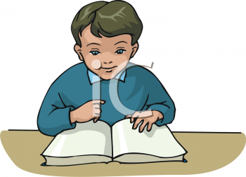 Clipart Of A Boy Reading Through A Book At A School Desk