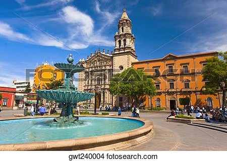 Fountain At A Town Square Plaza Del Carmen San Luis Potosi Mexico