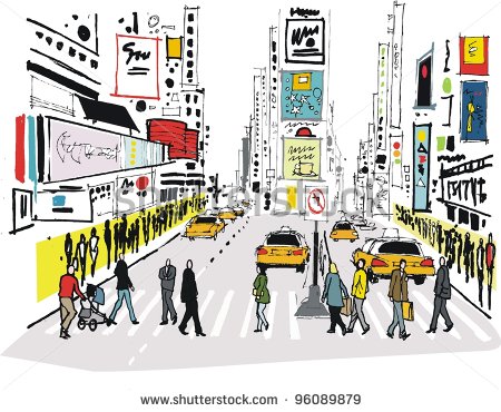 Illustration Of Pedestrians Crossing Road At Times Square New York