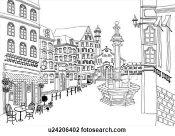 In Town Square Sidewalk Cafe In Foreground U24206402   Search Clipart