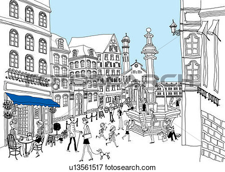 Of Tourists By Fountain At Town Square U13561517   Search Eps Clipart
