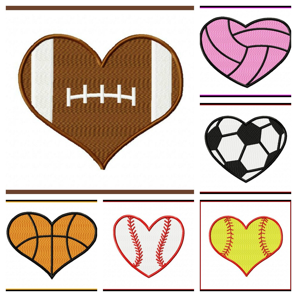 Small Heart Shaped Sports Balls Applique And Fill Stitch