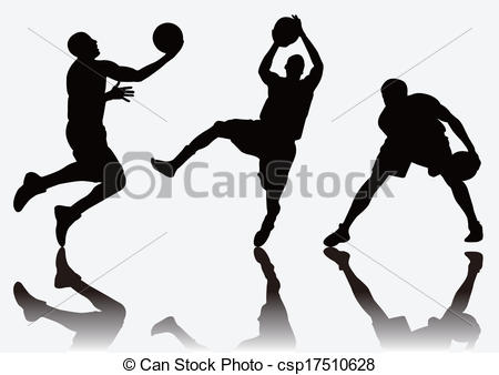 Three Basketball Players Jump Shoot And Slam Dunk Silhouette