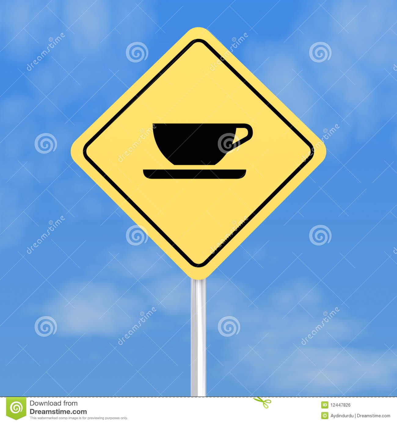 Cup Of Coffee On Yellow Restaurant Road Sign With Blue Sky Background