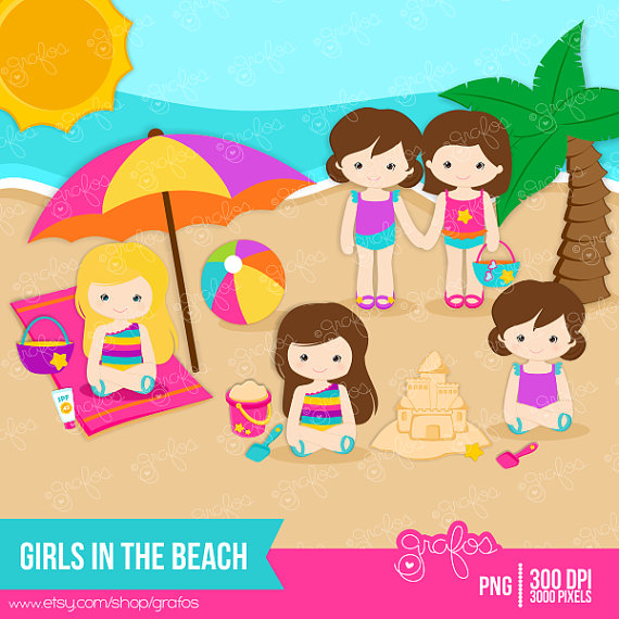 Girls In The Beach Digital Clipart Clipart Beach Girls   Instant    