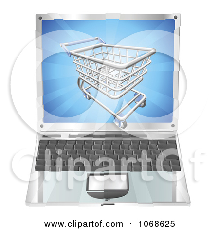 Clipart 3d Shopping Cart Emerging From A Laptop Screen   Royalty Free