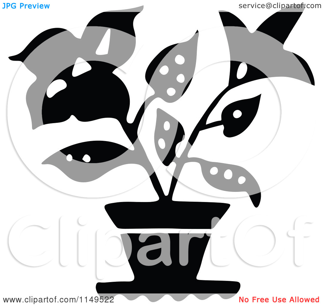 Clipart Of A Black And White Potted Plant   Royalty Free Vector