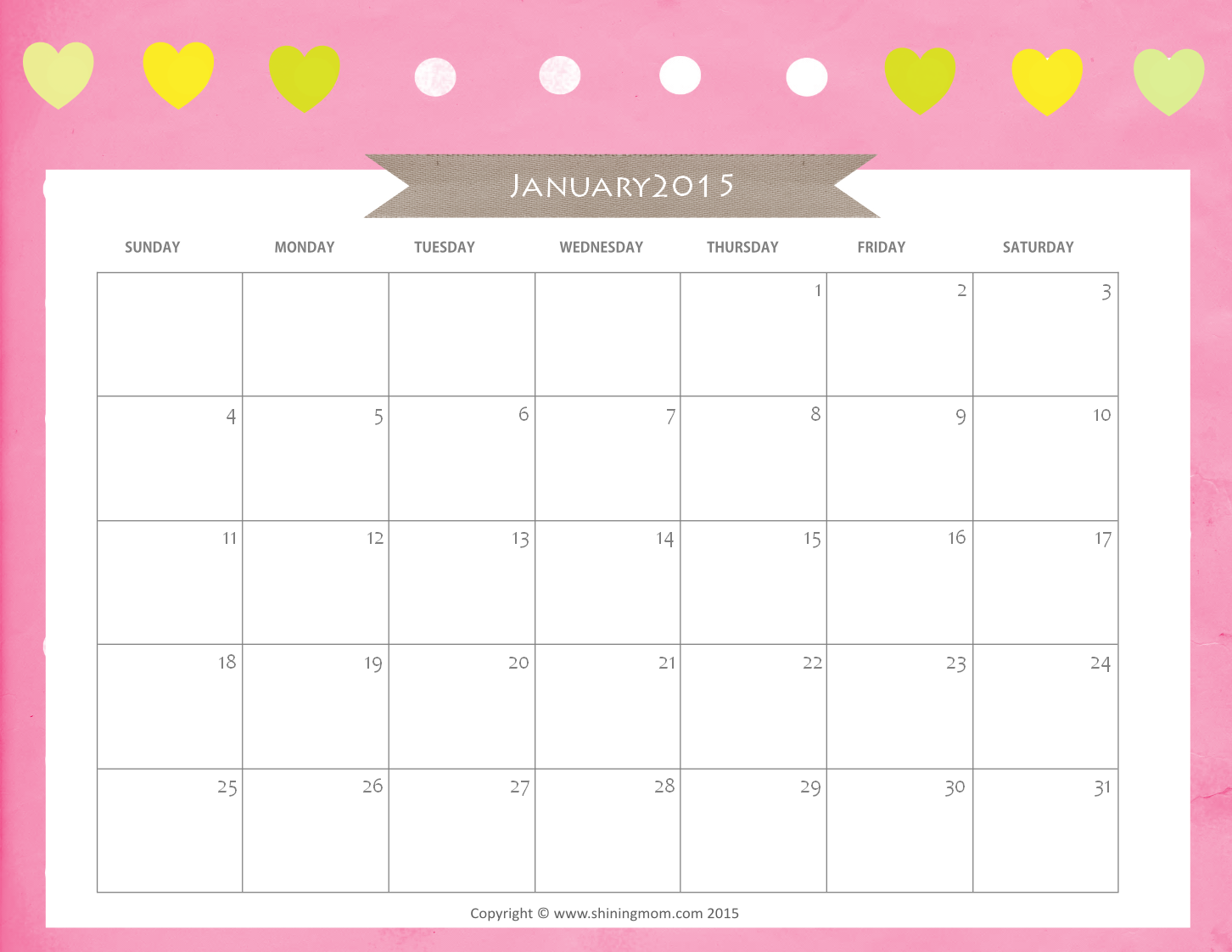 January 2015 Calendar In Refreshing Greens