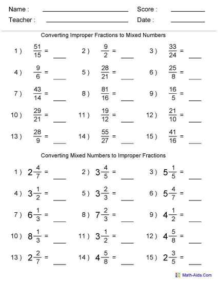Mixed Numbers Improper Fractions Worksheets