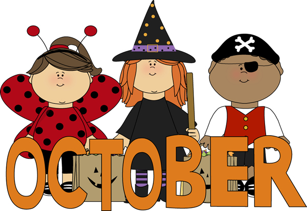 October Trick Or Treaters Clip Art Image   The Word October In Orange
