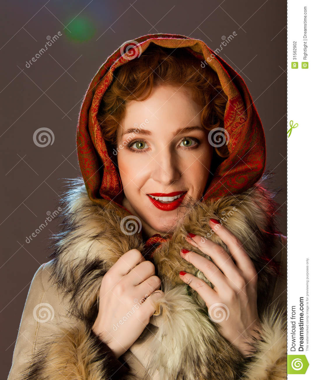 Redhaired Woman With Headscarf And Fur Coat