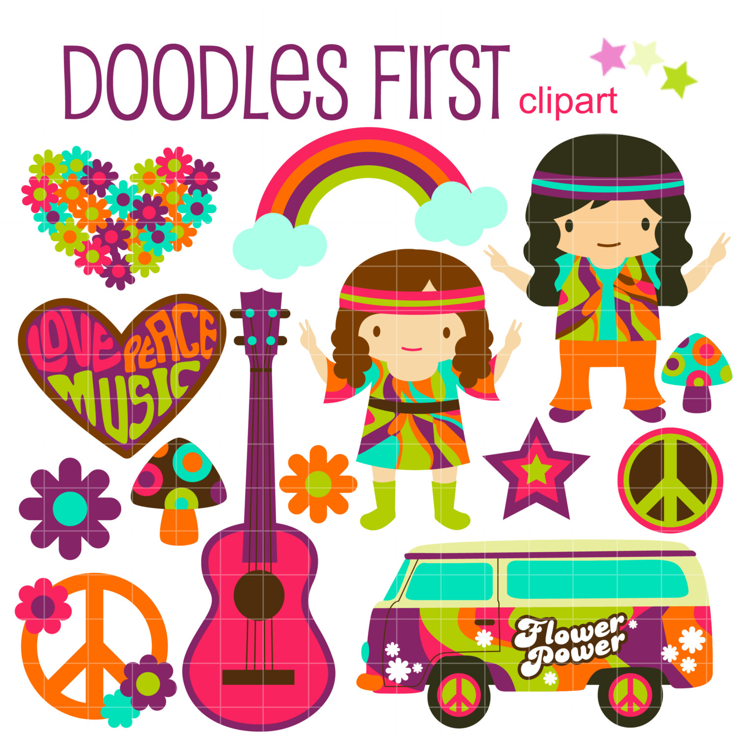 Retro Hippie 70 S Digital Clip Art For By Doodlesfirst On Etsy