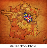 Burgundy On Old Map Of France With Flags Of Administrative