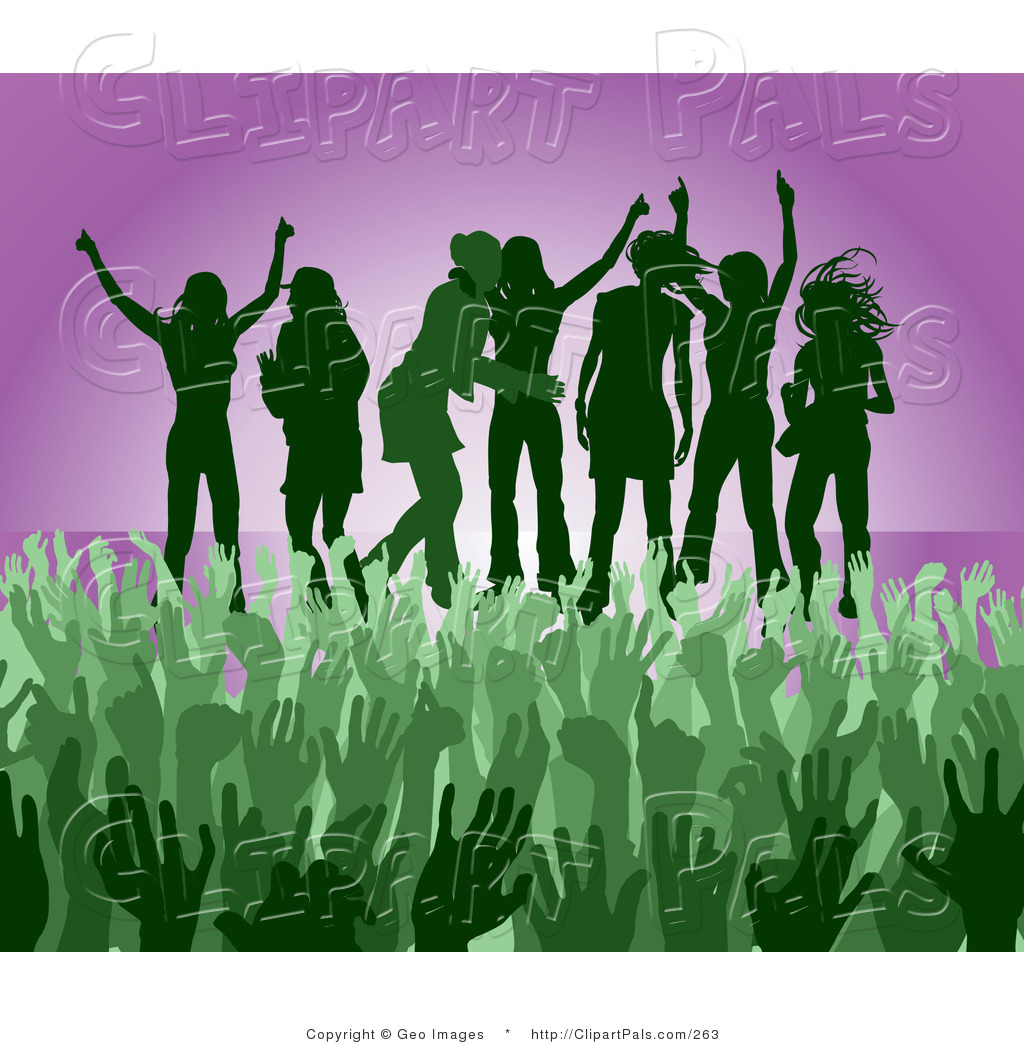 Green Group Of Silhouetted Women Raising Their Arms And Partying On