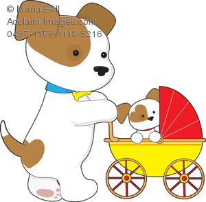 Illustration Of A Mother Dog Pushing Her Cute Puppy In A Baby Carriage