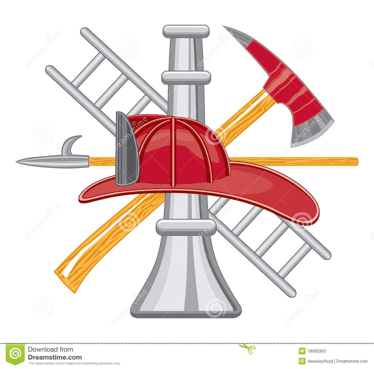 Illustration Of Crossed Firefighter Tools Including A Firefighter Hat