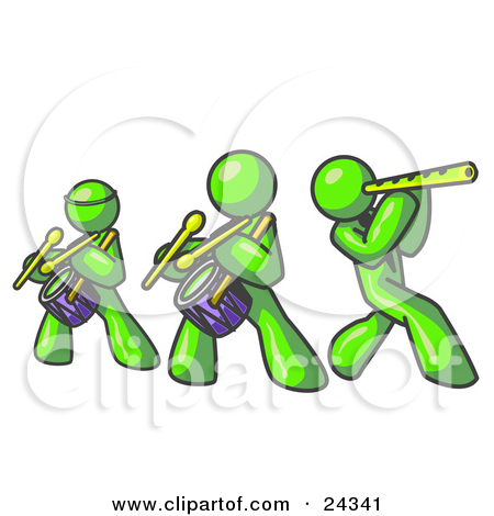 Three Lime Green Men Playing Flutes And Drums At A Music Concert