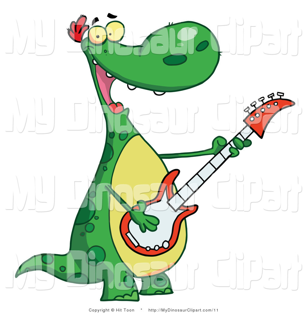Vector Clipart Of A Musical Green Dinosaur Rocking Out With A Guitar    