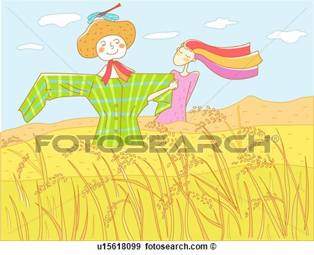 Autumn Color Rice Field Folding Her Arms Scarecrow Rice Outdoors    