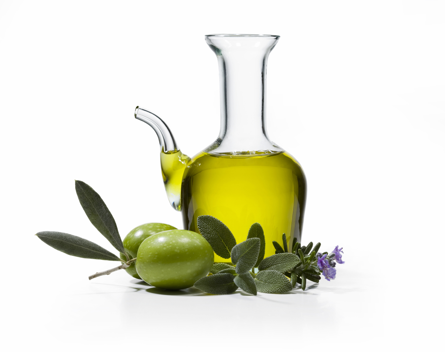 Bottle Of Olive Oil With Two Olives And Spices On White Background