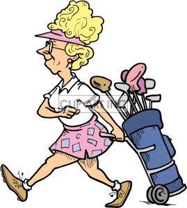 Cartoon Women Golfer Pulling Her Golf Clubs