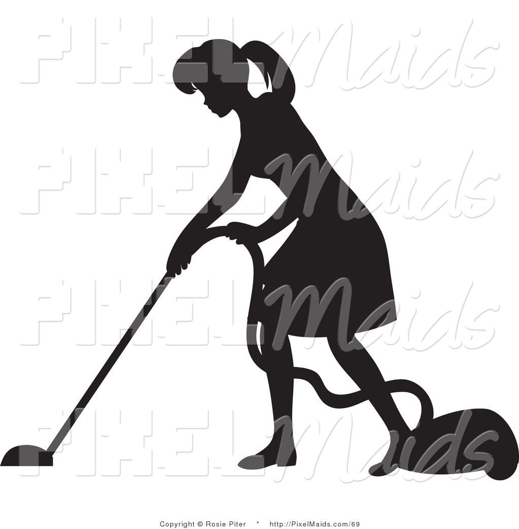 Clipart Of A Black Silhouetted Housekeeper Woman Vacuuming A Floor By